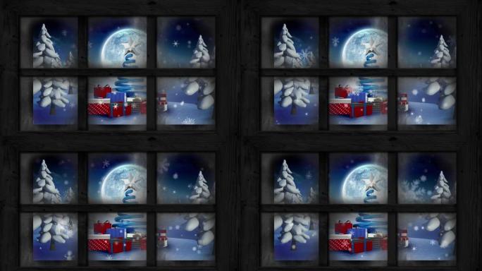 雪花落在圣诞树上的动画，并通过窗户看到冬天的风景