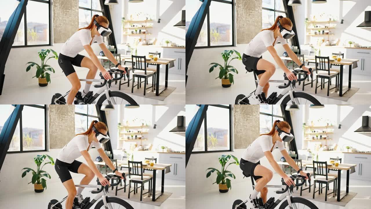 戴VR眼镜的年轻女子正在踩踏室内自行车教练。工作室公寓，厨房。在家进行日常训练。慢动作