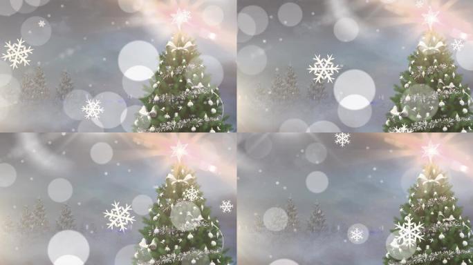 带有圣诞节装饰品的树上积雪的动画