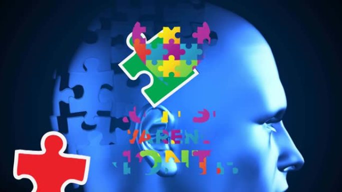 彩色拼图和自闭症意识月文本的动画在蓝色的头