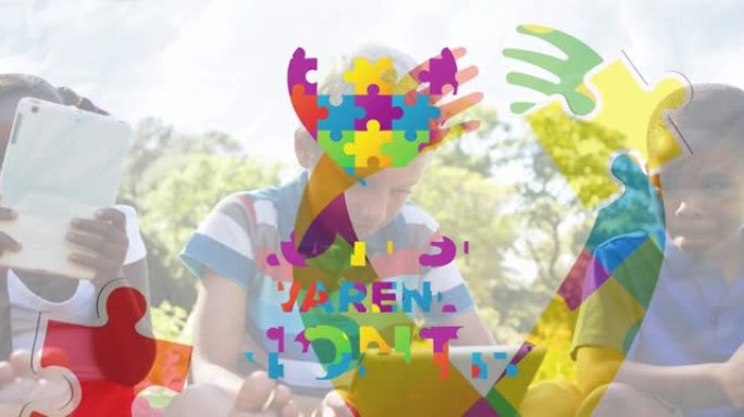 彩色拼图的动画丝带自闭症意识月文本超过儿童