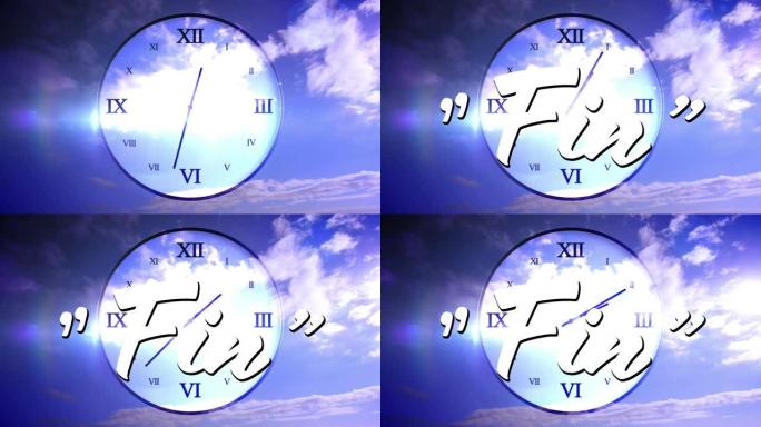 天空背景上fin文本时钟快速移动的动画