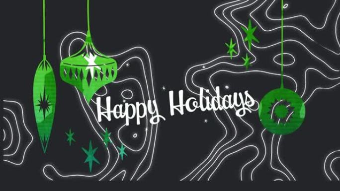 白色文字节日快乐动画，有轮廓线和悬挂绿色装饰，黑色