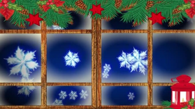 蓝色背景下漂浮的雪花上的红色圣诞灯和木制窗框