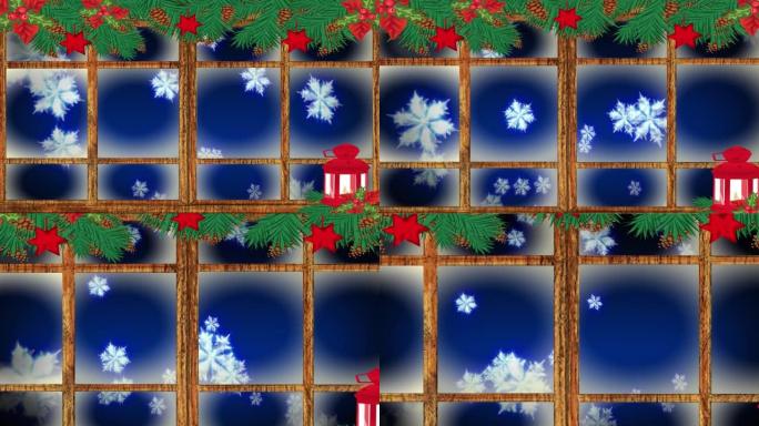 蓝色背景下漂浮的雪花上的红色圣诞灯和木制窗框