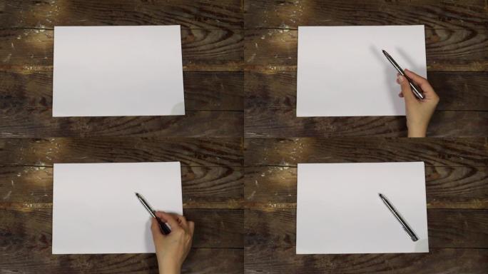 女人在白纸上放黑笔，在木桌上放广告牌，用于您的设计或文字