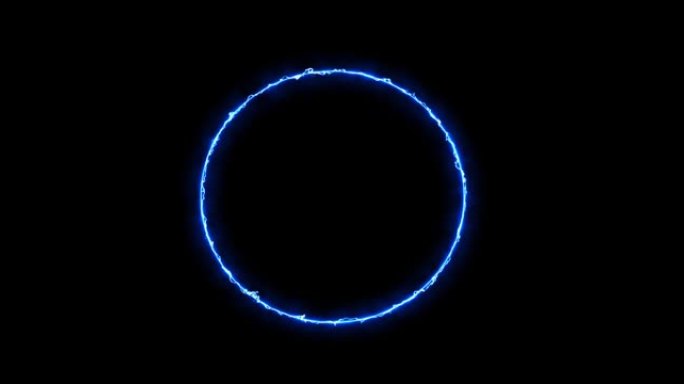 蓝色的闪电环，黑色背景上的能量。带雷电放电的抽象能量圈。渐渐地，出现了一个蓝色的环，并在圆圈中不断发
