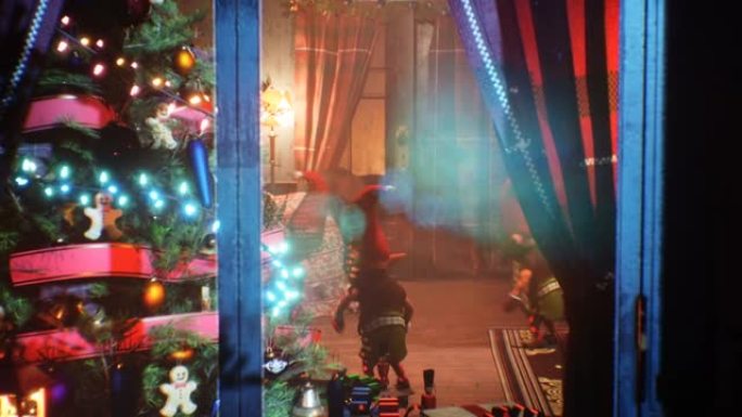 圣诞节那天，欢乐的魔法精灵在圣诞老人的房子里跳舞。圣诞节和除夕气氛概念。该动画非常适合节日，圣诞节和