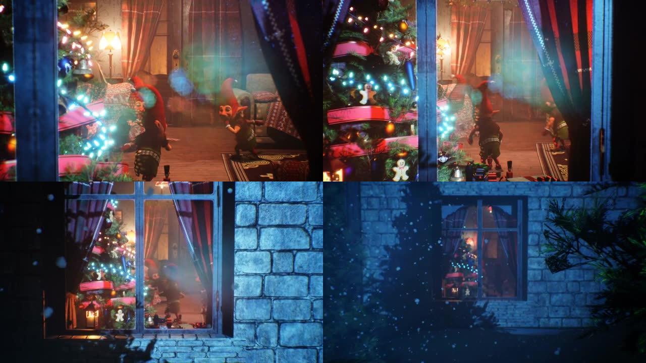 圣诞节那天，欢乐的魔法精灵在圣诞老人的房子里跳舞。圣诞节和除夕气氛概念。该动画非常适合节日，圣诞节和