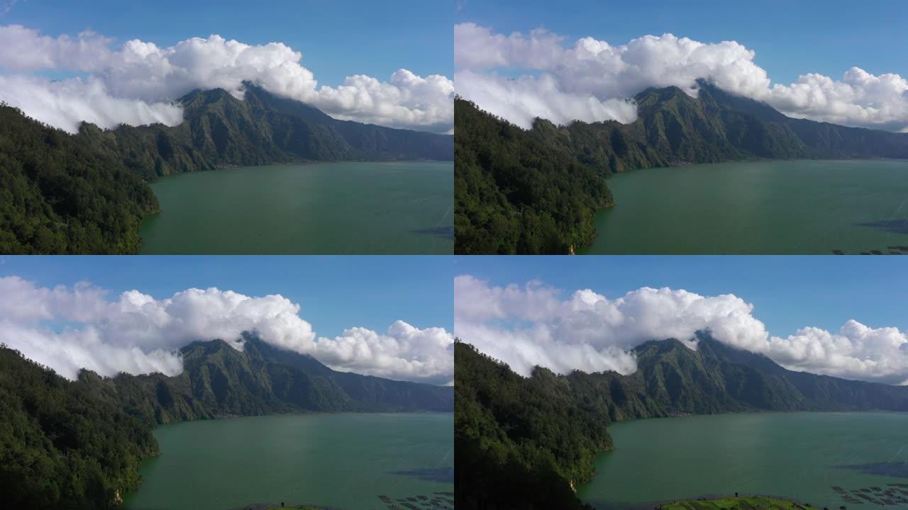 晴天巴厘岛著名火山口湖海岸线华丽云空中全景4k印度尼西亚