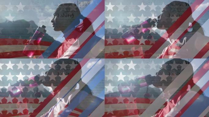 美国国旗在混血儿妇女在山上喝水的动画