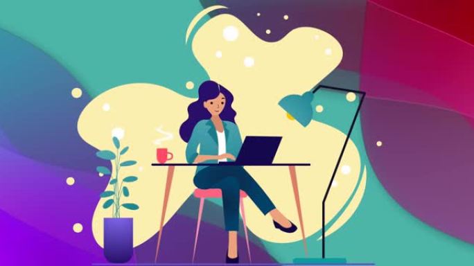 用笔记本电脑在抽象背景上坐在餐桌上喝咖啡的女人的插图动画