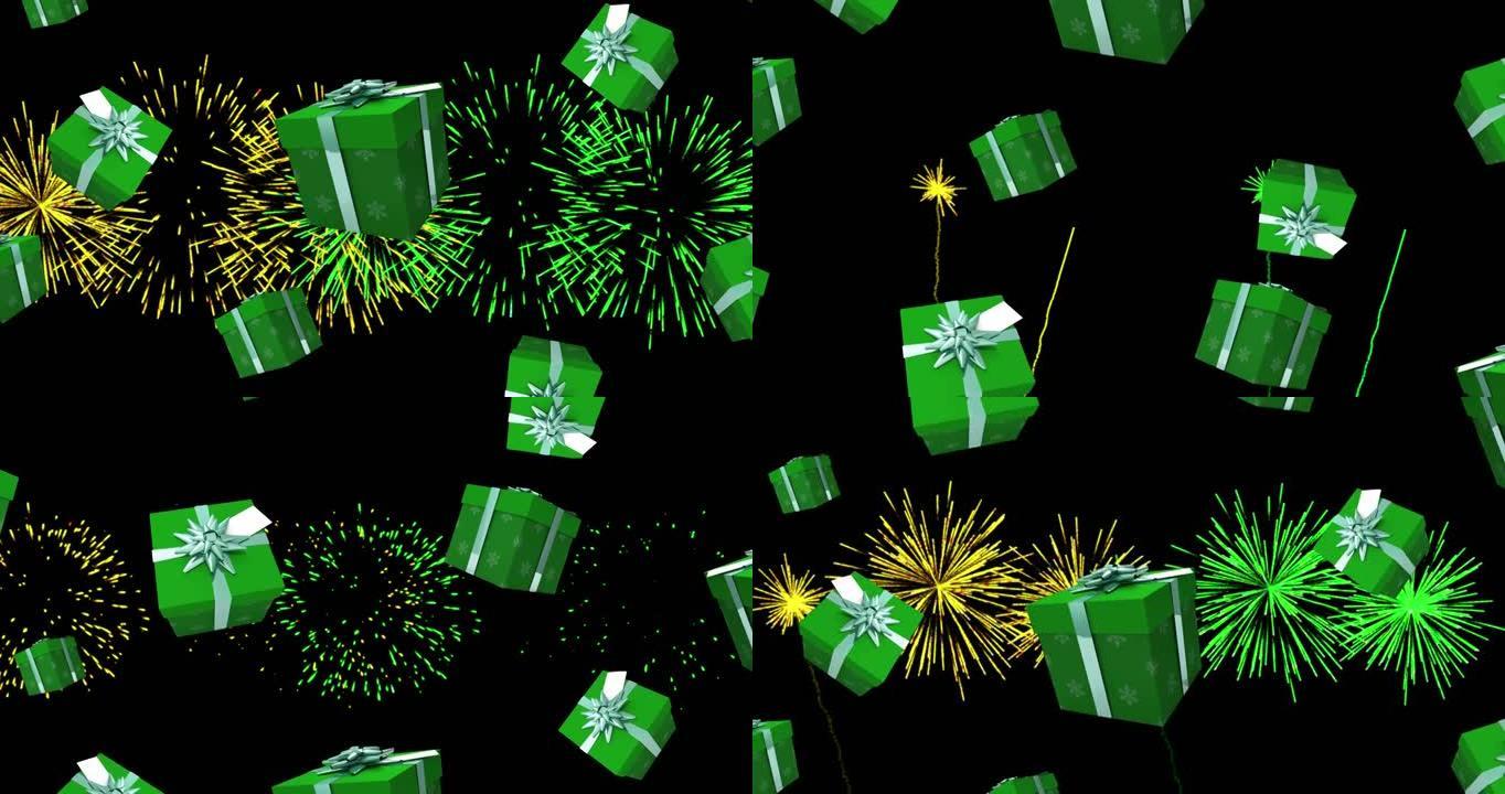 绿色圣诞节礼物的动画在夜空中爆炸，黄色和绿色的烟花落下