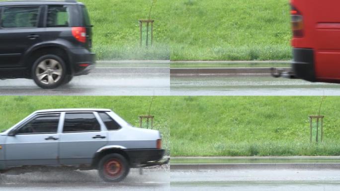 汽车快速行驶，在肮脏的雨水淹没的道路上留下喷雾飞溅。