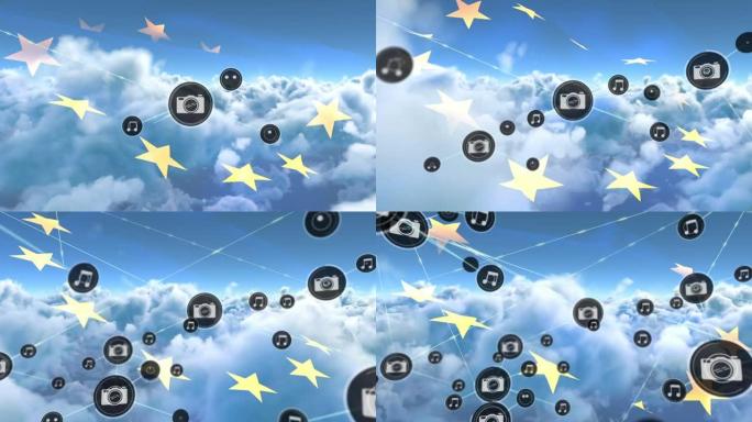 网络的动画连接和图标在ue旗和多云的天空