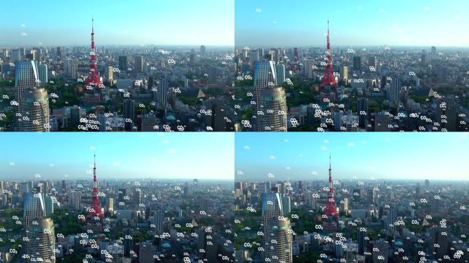 二氧化碳排放全球空气气候污染概念。东京铁塔。