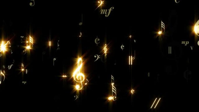 带有阿尔法透明背景的音乐音符流动金色闪亮循环
