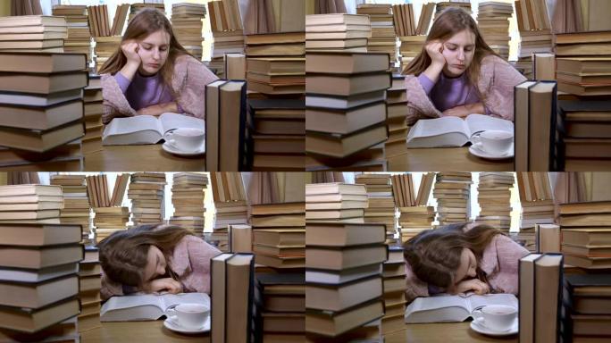 一个女孩在图书馆看书