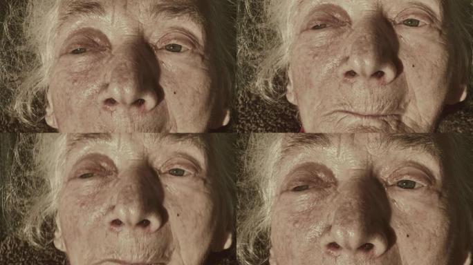 面对患有痴呆症和日落的非常老的女人的特写镜头。