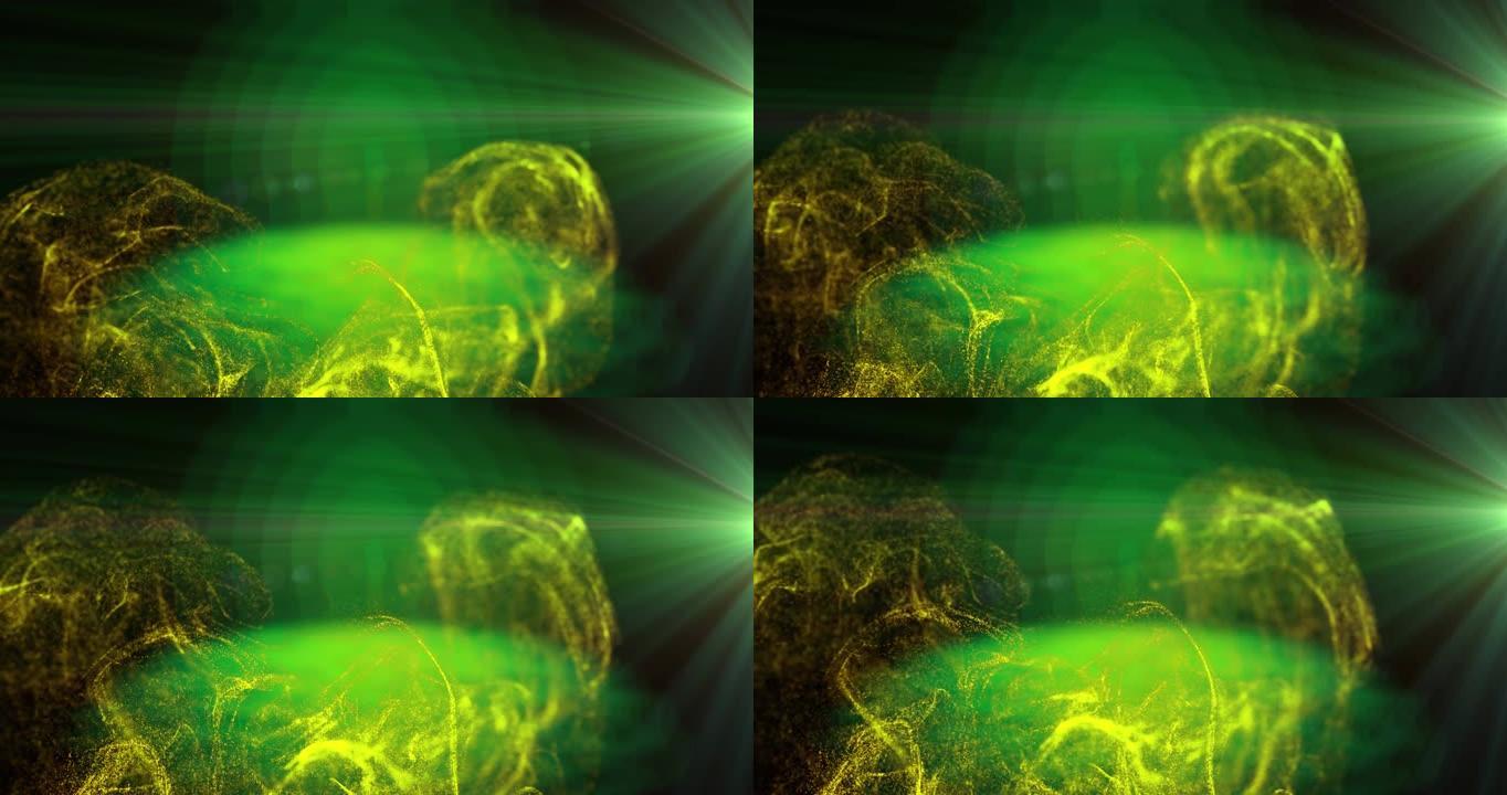 黑色背景上的黄色粒子在绿光中运动的动画