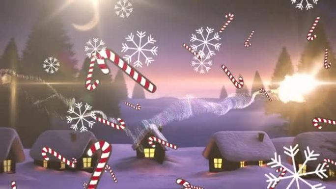糖果甘蔗图标和雪花在冬季景观中落在流星上