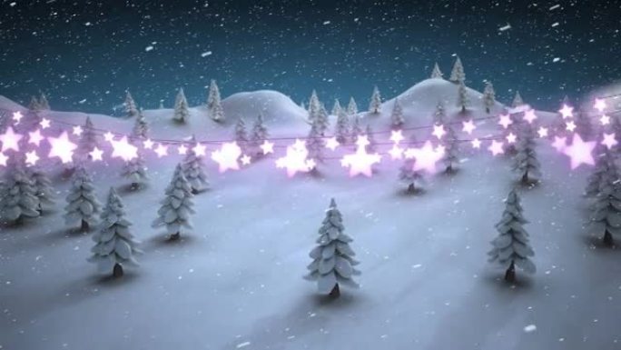 发光的星形仙女灯装饰抵御冬季景观飘落的雪