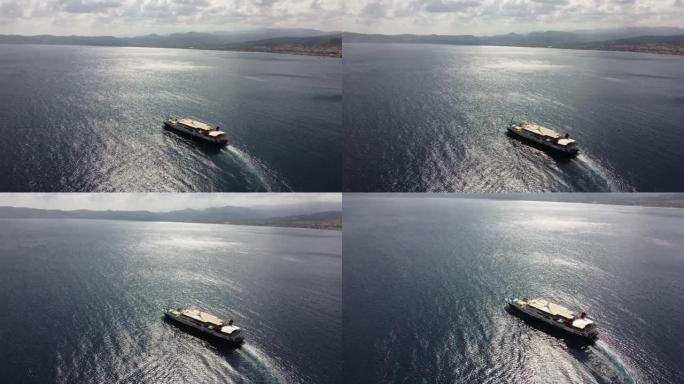 游轮横渡希腊克里特岛。航拍镜头