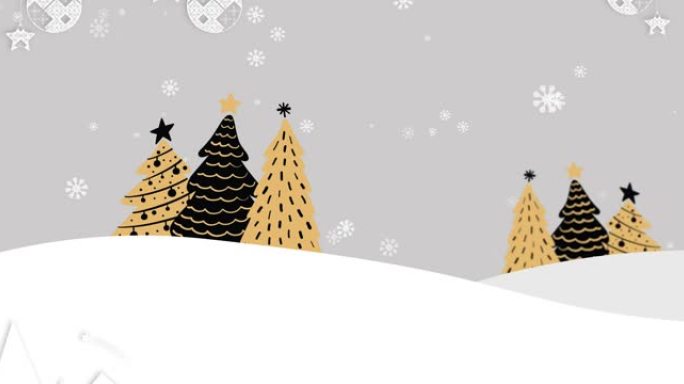 小玩意和雪落在圣诞树和冬季景观上的动画