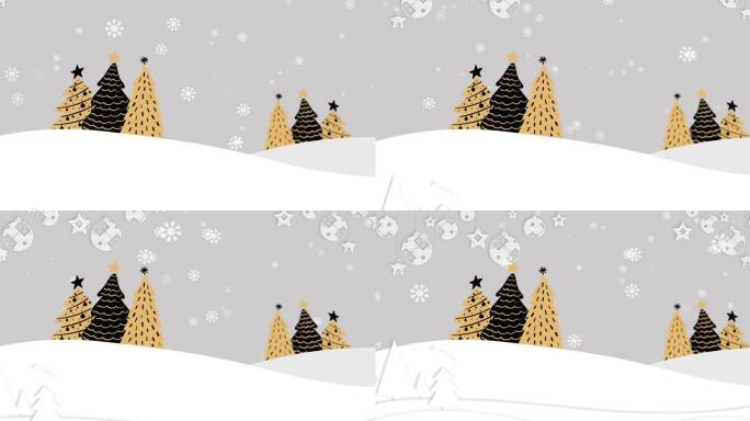 小玩意和雪落在圣诞树和冬季景观上的动画