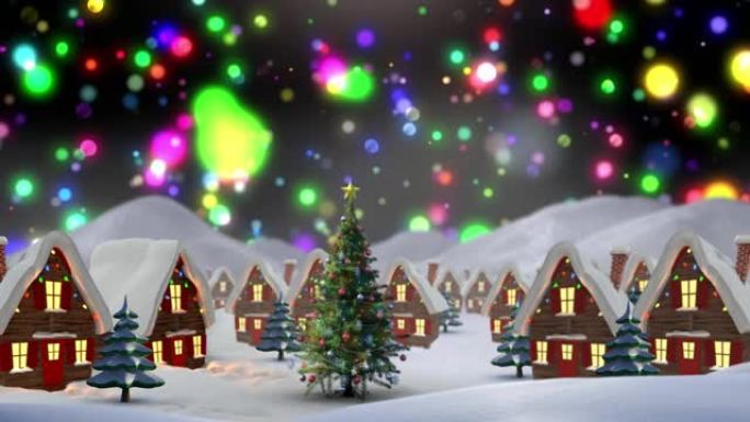 黑色背景上装饰房屋和圣诞树的冬季风景动画