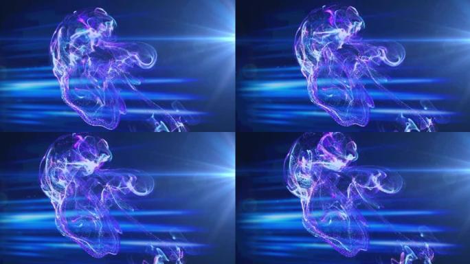 发光的蓝色和粉红色粒子形式和蓝色灯光在黑色背景上移动的动画
