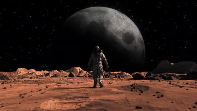 勇敢的宇航员穿着宇航服在火星上自信地走向月球，岩石覆盖的外星红色星球。第一位登上火星的宇航员。先进技