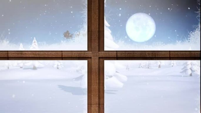 圣诞树和木制窗框，抵御冬季景观上多棵树上的积雪