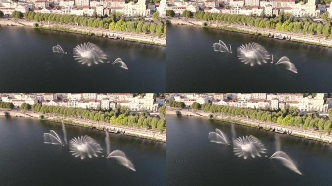喷泉和水上游戏蒙台哥河在Coimbra，葡萄牙。空中无人机视图