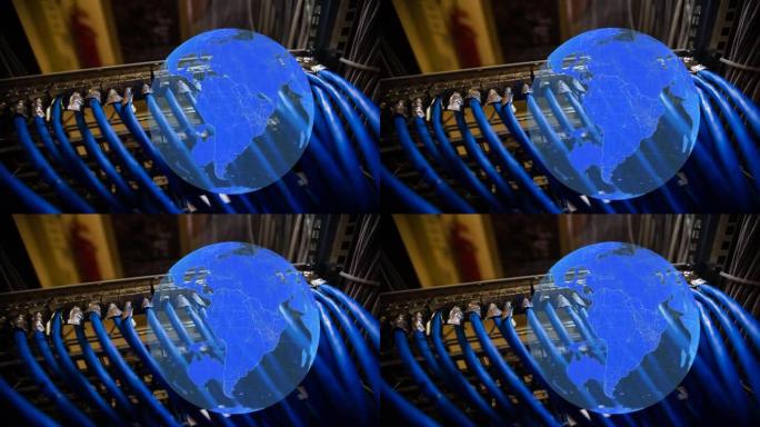 服务器机房上的蓝色地球仪动画