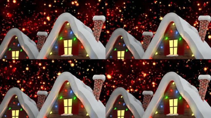 黑色背景上有装饰房屋和红色光点的冬季风景动画
