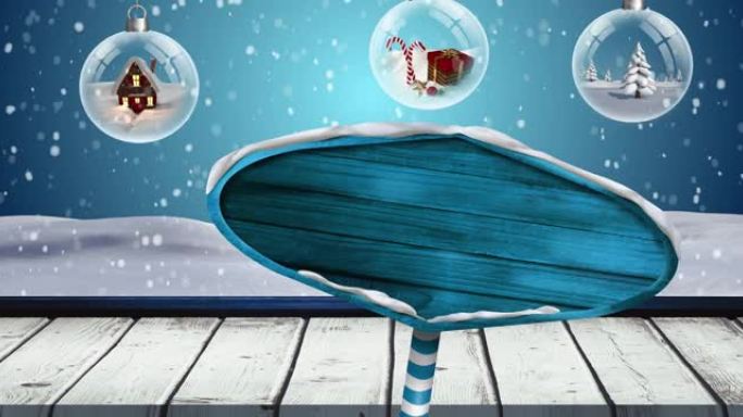 蓝色背景上的雪花和小玩意上的复制空间的路标动画