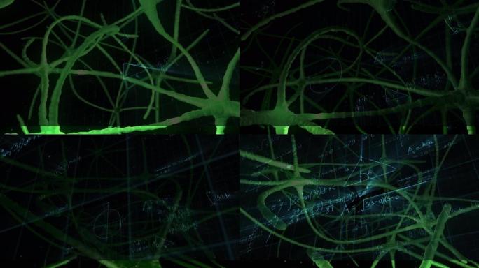 黑色板上数学方程式上的神经连接动画