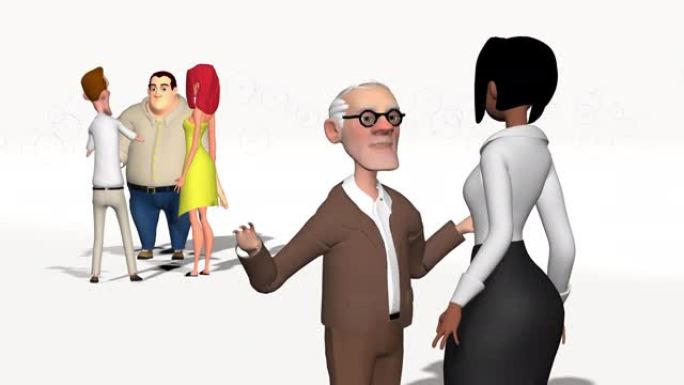 3D动画，许多卡通人物在白色背景上说话或教学