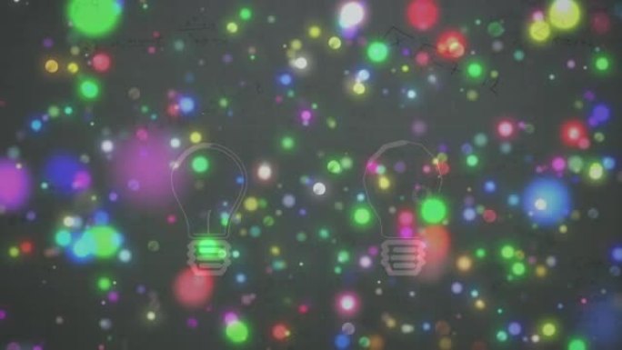 黑色背景上彩色浮动圣诞灯上的灯泡符号动画