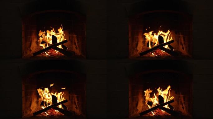 壁炉里燃烧着火。