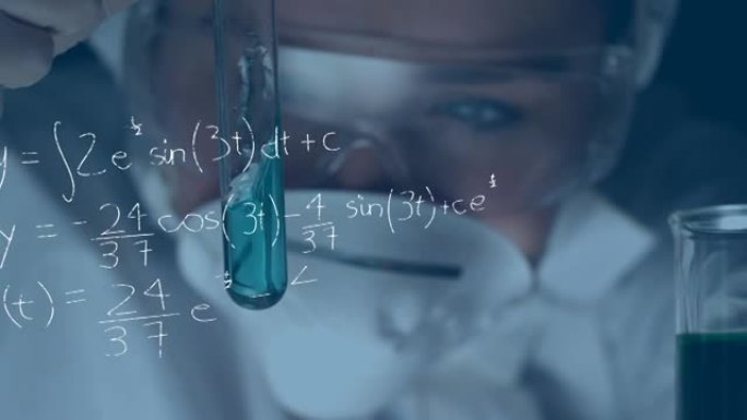 手持试管的女科学家的数学方程式动画