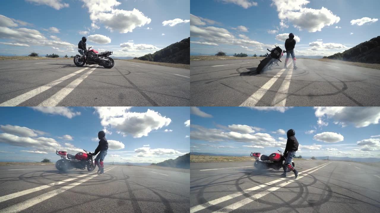 熟练勇敢的特技摩托车手在摩托车上耍花招。极限赛车运动。空桥上的壮观特技