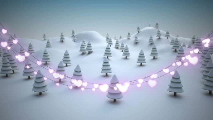 发光的心形仙女灯装饰抵御冬季景观飘落的雪