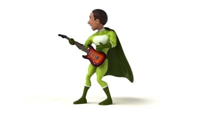 有趣的3D卡通超级英雄与吉他