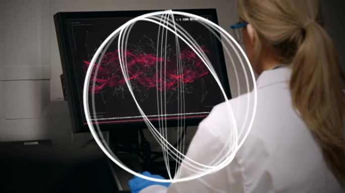 使用计算机在女科学家上旋转的圆圈动画