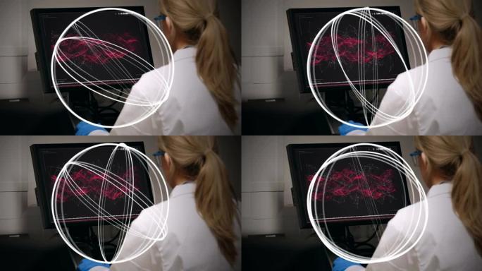 使用计算机在女科学家上旋转的圆圈动画