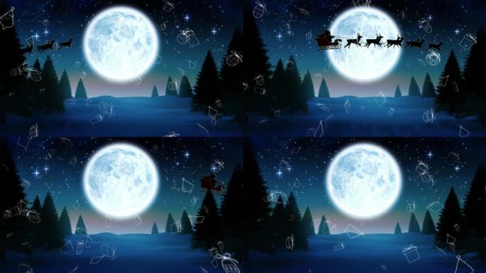 圣诞概念图标冬季景观与月亮和夜空中闪耀的星星