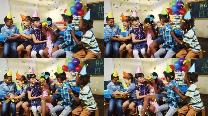 在生日聚会上，五彩纸屑掉落在戴着派对帽的不同孩子身上的动画