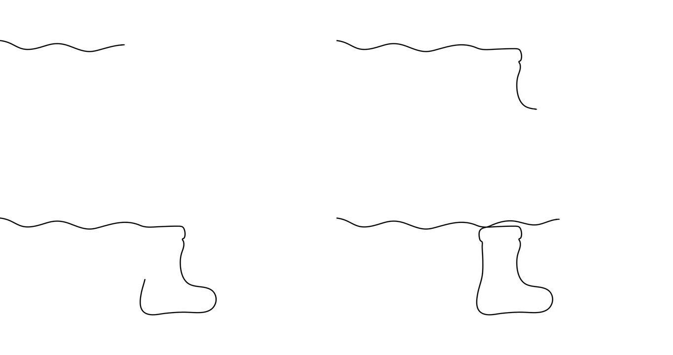动画插图。袜子的连续单线轮廓。手绘简约风格。手工绘制的线条草图。圣诞概念。4k视频